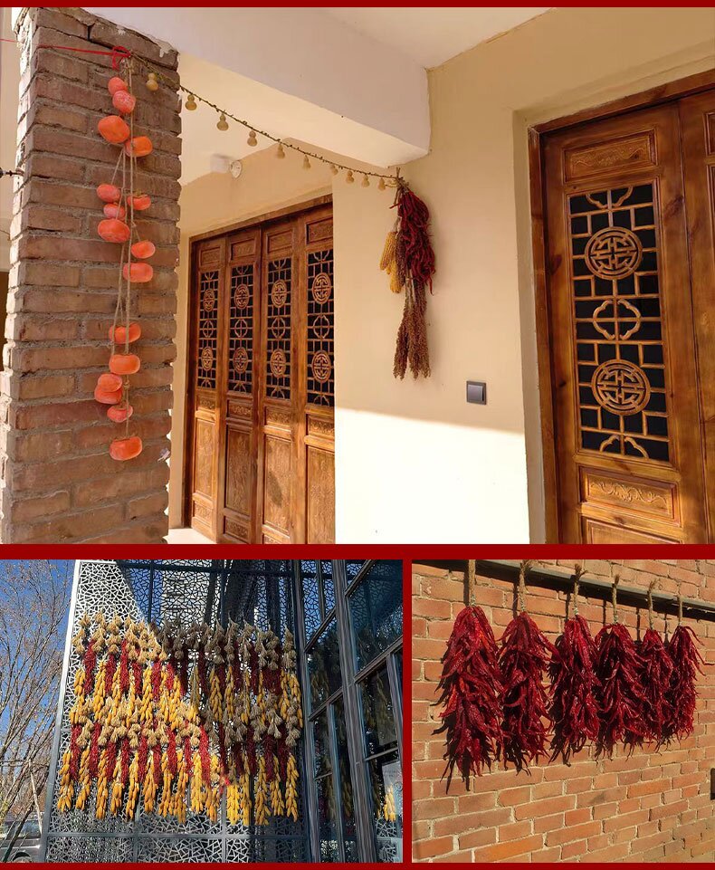 Hand-Woven Dried Red Chili Pepper String Garland, Hanging Chili Ornament, Handmade Spicy Pepper Wall Decor for Home Kitchen Restaurant Decoration