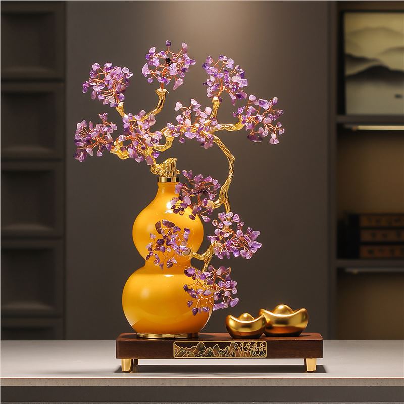 Premium Amethyst Money Tree Ornament, "Auspicious Blessing from the East" Purple Crystal Wealth Tree Decor for Living Room Entryway TV Cabinet, Housewarming Gift