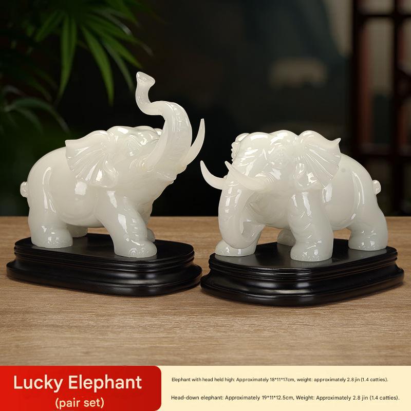 Pair of New White Marble Effect Elephant Statues, Luxury Auspicious Animal Ornaments, Home Living Room Decor, Ideal Housewarming Gift