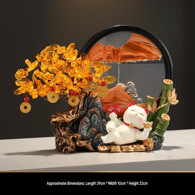 Crystal Money Tree with Quicksand Painting Lucky Cat Figurine, Feng Shui Wealth Ornament for Living Room, Hallway, Front Desk, Office & Shop, Ideal Housewarming & Grand Opening Gift