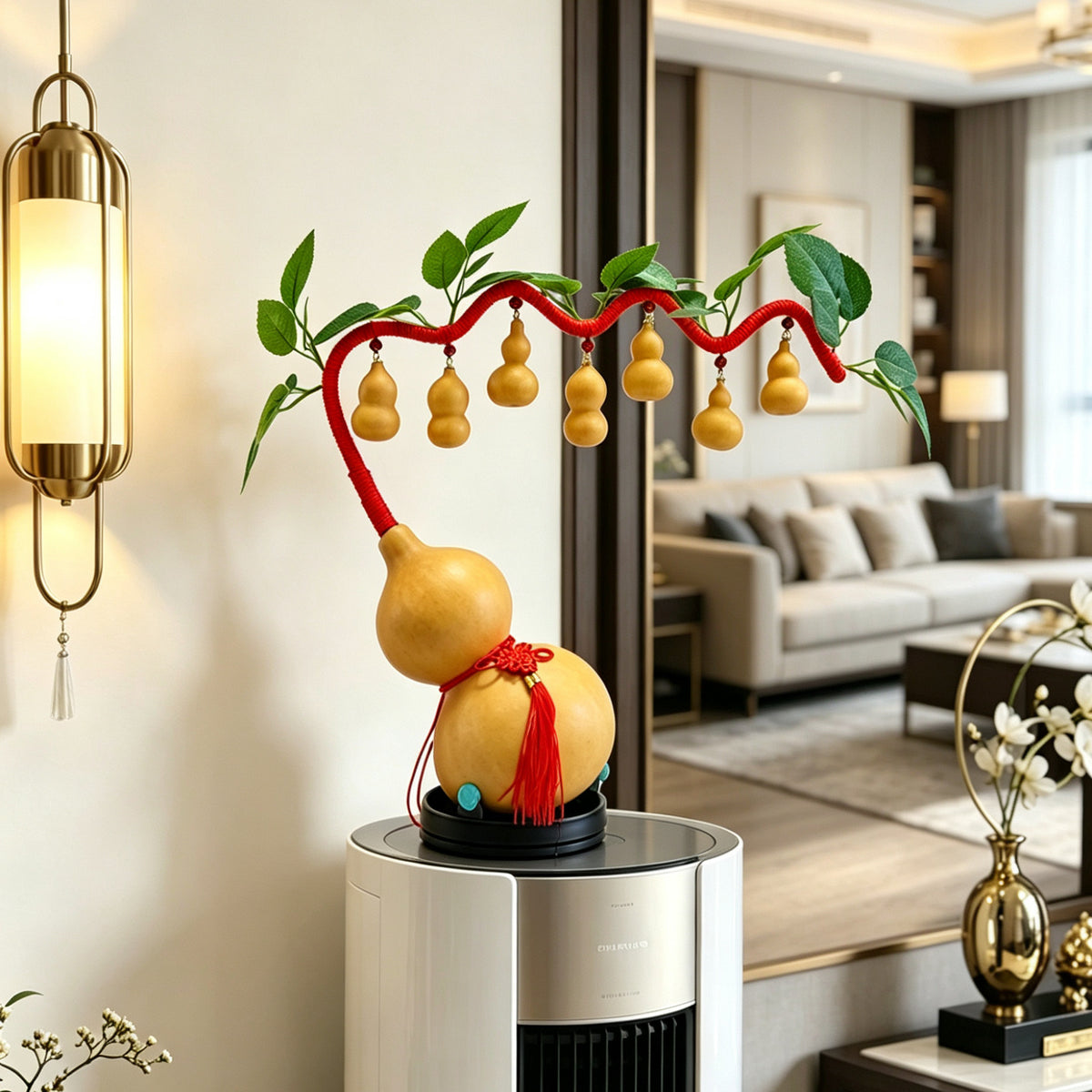 Natural Real Wu Lou Gourd Hand-Woven Money Tree Ornament, Handcrafted Prosperity Decor for Living Room Dining Room, Housewarming Business Opening Home Gift