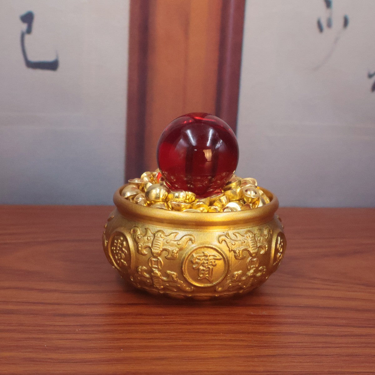 Brass Double Fish Treasure Basin Ornament, Eight Blessings Feng Shui Wealth Bowl with Gold Ingots, Entryway & Reception Desk Prosperity Decoration, Lucky Home Business Craft Gift