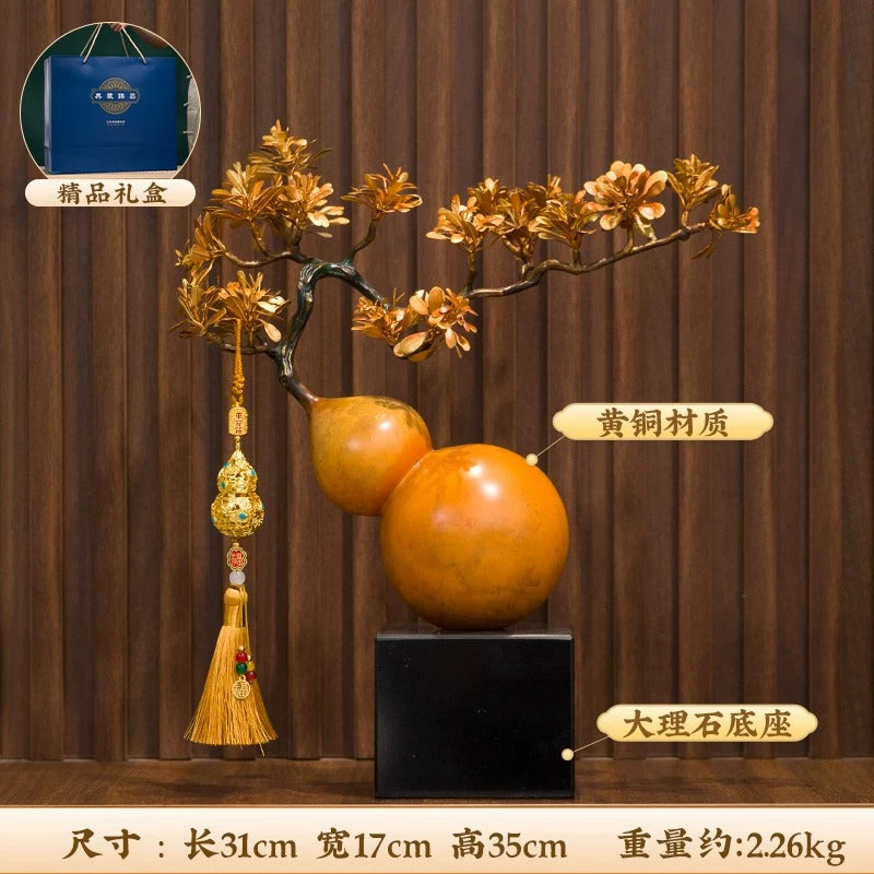 Modern Chinese Style Golden Pine Wu Lou Gourd Ornament, Solid Brass Handicraft with Custom Engraving, Premium Gift Box Housewarming Decor Gift