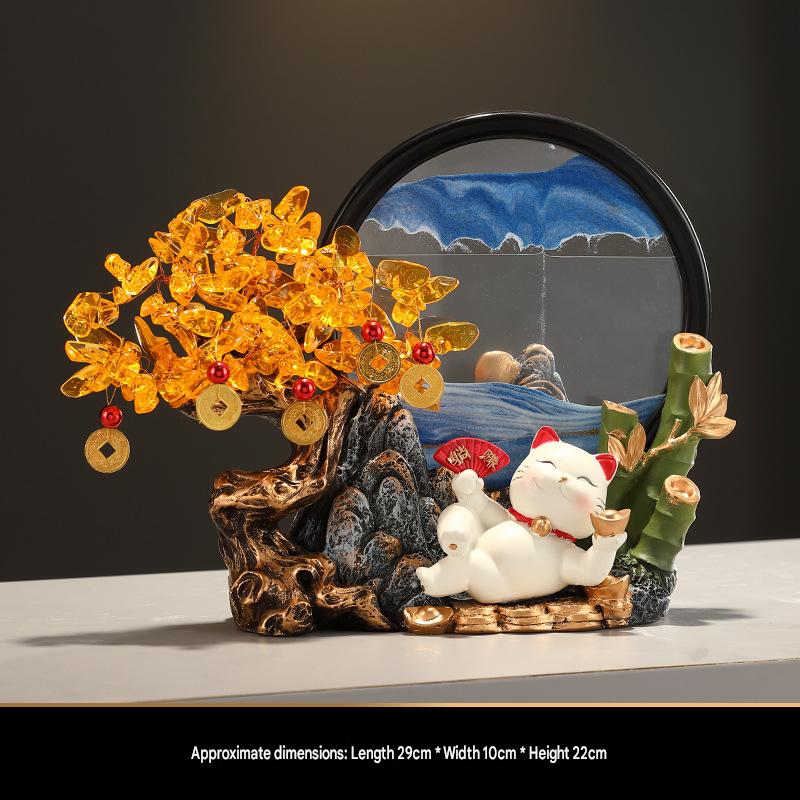 Crystal Money Tree with Quicksand Painting Lucky Cat Figurine, Feng Shui Wealth Ornament for Living Room, Hallway, Front Desk, Office & Shop, Ideal Housewarming & Grand Opening Gift