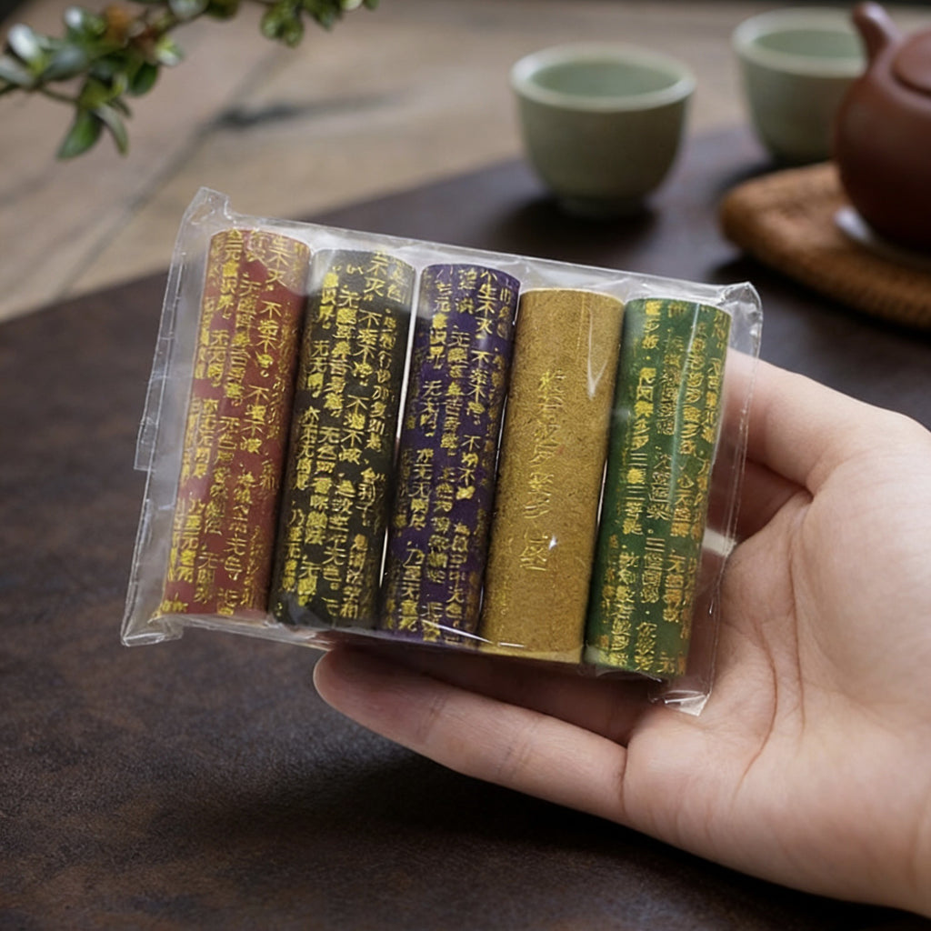 Five-Way Wealth God Manifest Writing Incense Sticks, Thick Round Black Wealth Incense, Natural Tibetan Sandalwood Cylinder Line Incense, Ritual Prayer Incense for Blessing, Meditation and Home Altar