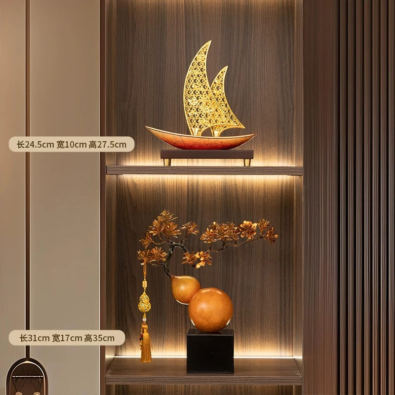 Modern Chinese Style Golden Pine Wu Lou Gourd Ornament, Solid Brass Handicraft with Custom Engraving, Premium Gift Box Housewarming Decor Gift