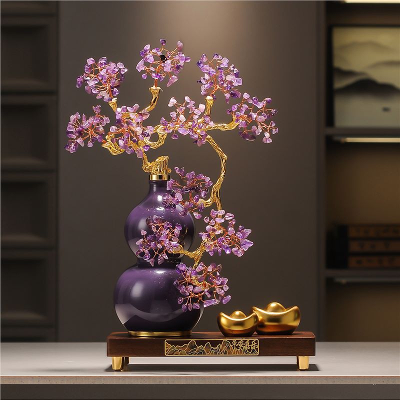Premium Amethyst Money Tree Ornament, "Auspicious Blessing from the East" Purple Crystal Wealth Tree Decor for Living Room Entryway TV Cabinet, Housewarming Gift