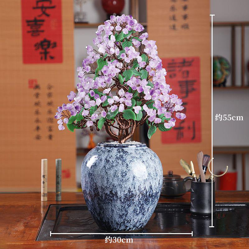 Natural Crushed Crystal Chips Money Tree Tree of Life Ornament, Handcrafted Crystal Tree with Wealth Treasure Bowl, Home Desktop Art Craft Decor for Prosperity & Good Fortune