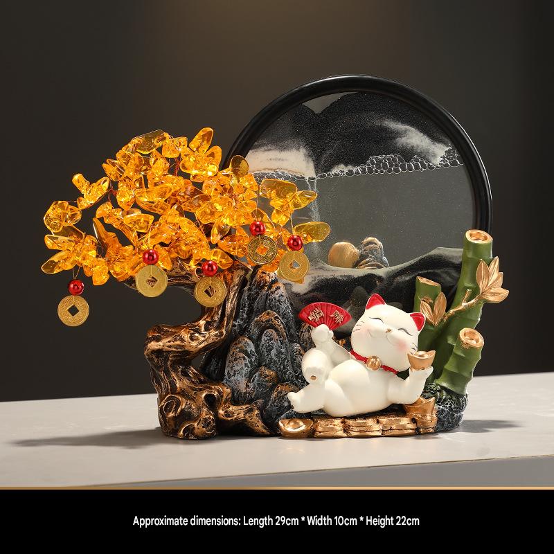 Crystal Money Tree with Quicksand Painting Lucky Cat Figurine, Feng Shui Wealth Ornament for Living Room, Hallway, Front Desk, Office & Shop, Ideal Housewarming & Grand Opening Gift
