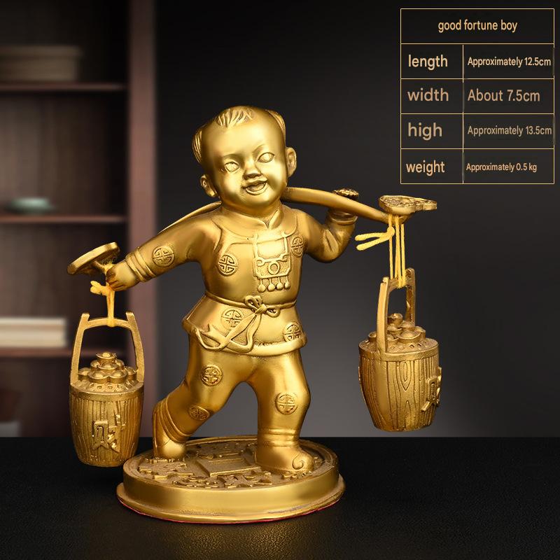 Pure Copper Wealth Bringing Boy Statue, Feng Shui Lucky God of Fortune Figurine, Craft Ornament for Home, Office Desktop & Shop Decor