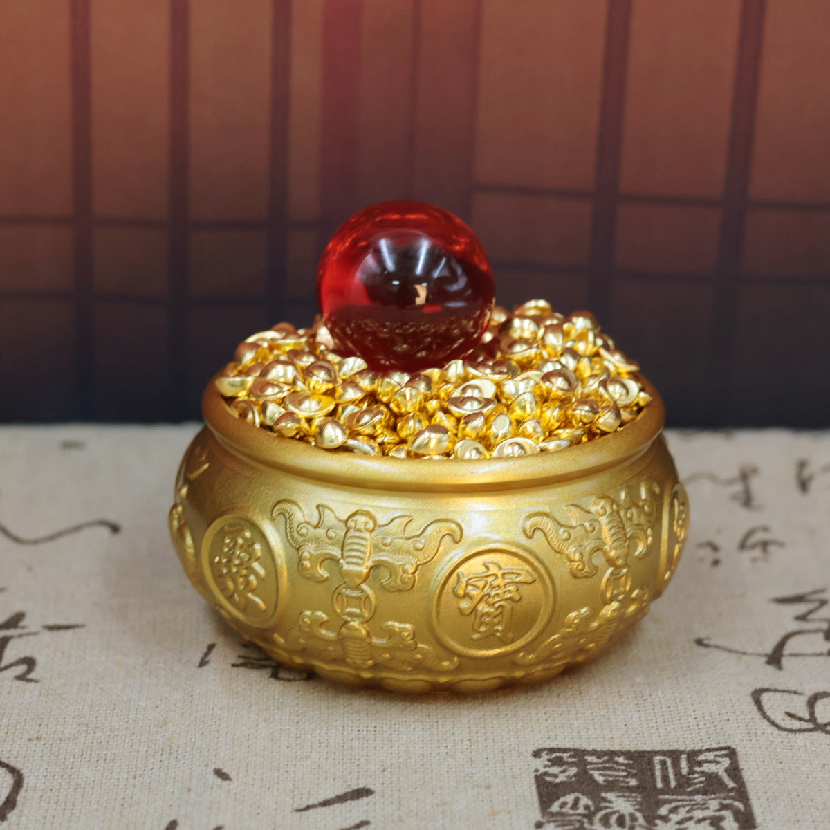Brass Double Fish Treasure Basin Ornament, Eight Blessings Feng Shui Wealth Bowl with Gold Ingots, Entryway & Reception Desk Prosperity Decoration, Lucky Home Business Craft Gift