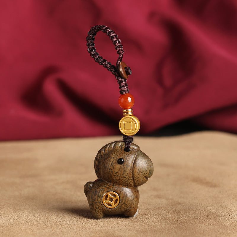 Sandalwood Zodiac Horse Wealth Car Keychain Bag Pendant