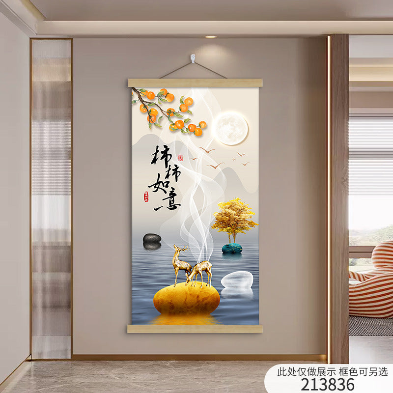 New Chinese Style Scroll Wall Hanging, Auspicious Entryway Tapestry Decor, Warm Home Corridor Wall Art for Front Door