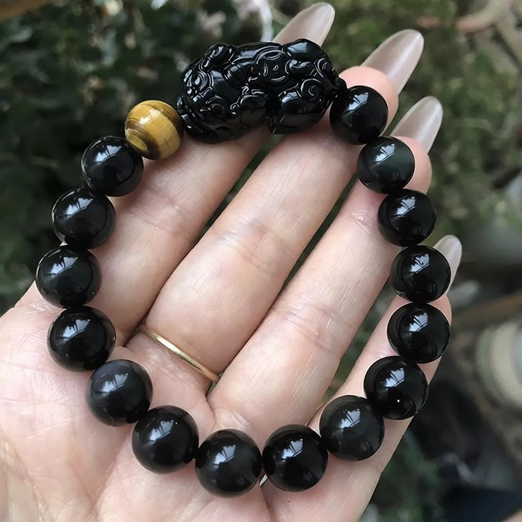Natural Black Obsidian Double Pi Xiu Bracelet with Coin, Yellow Tiger's Eye Spacer Beads & Liuli Glass Pixiu Charm, Unisex Feng Shui Wealth Bracelet for Men Women
