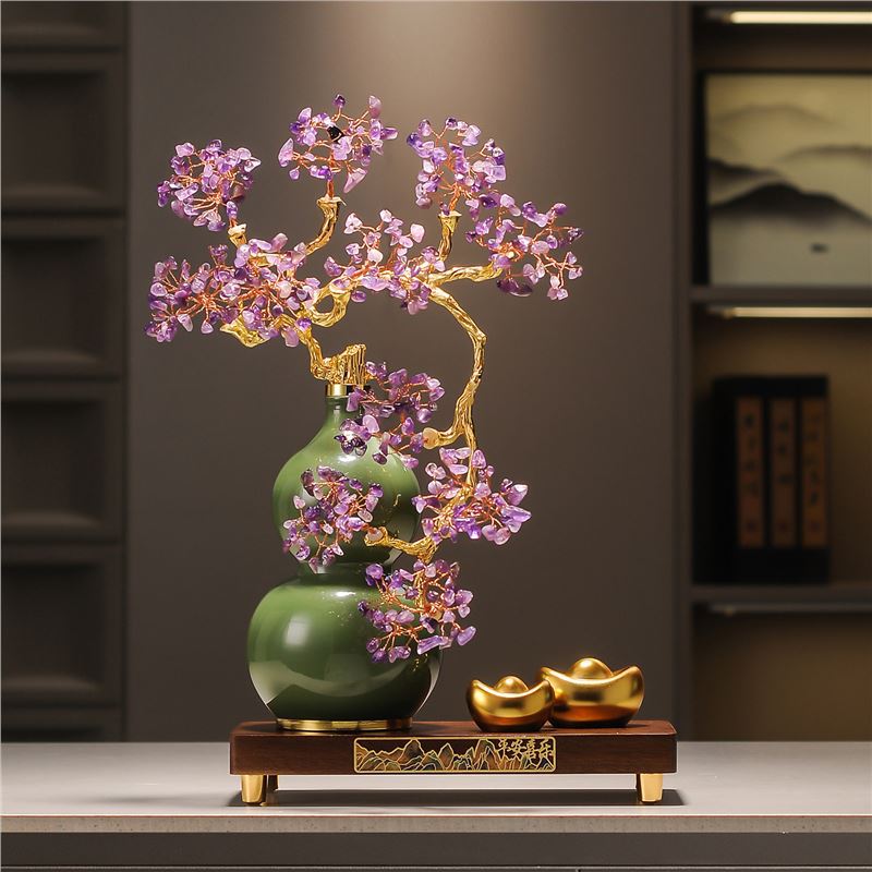 Premium Amethyst Money Tree Ornament, "Auspicious Blessing from the East" Purple Crystal Wealth Tree Decor for Living Room Entryway TV Cabinet, Housewarming Gift
