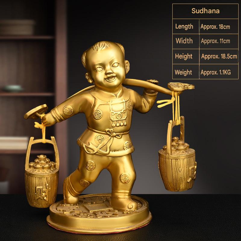 Pure Copper Wealth Bringing Boy Statue, Feng Shui Lucky God of Fortune Figurine, Craft Ornament for Home, Office Desktop & Shop Decor