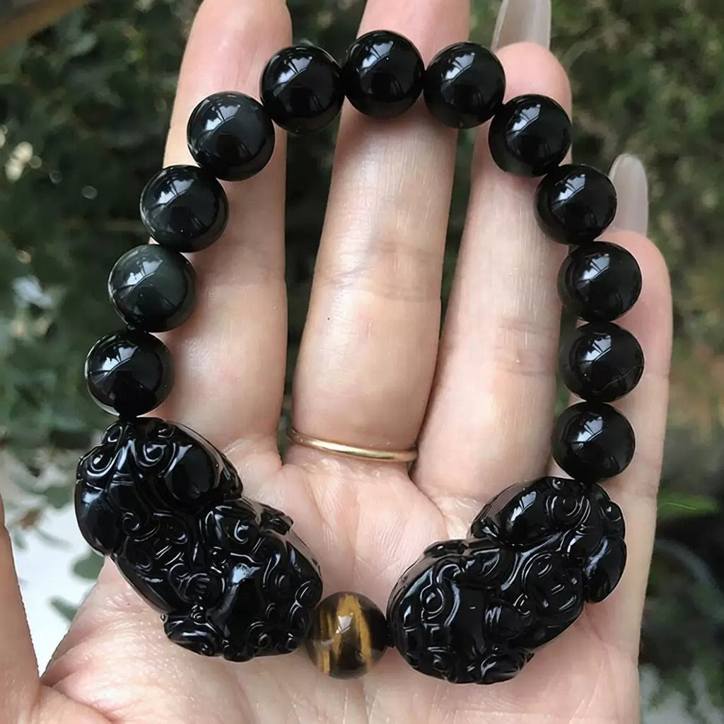 Natural Black Obsidian Double Pi Xiu Bracelet with Coin, Yellow Tiger's Eye Spacer Beads & Liuli Glass Pixiu Charm, Unisex Feng Shui Wealth Bracelet for Men Women