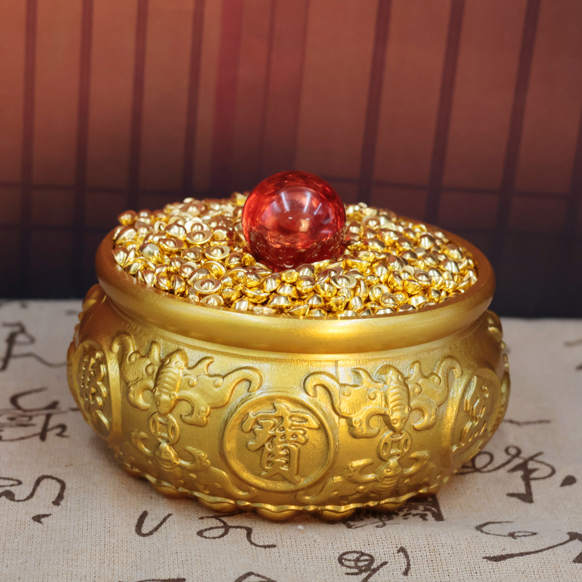 Brass Double Fish Treasure Basin Ornament, Eight Blessings Feng Shui Wealth Bowl with Gold Ingots, Entryway & Reception Desk Prosperity Decoration, Lucky Home Business Craft Gift