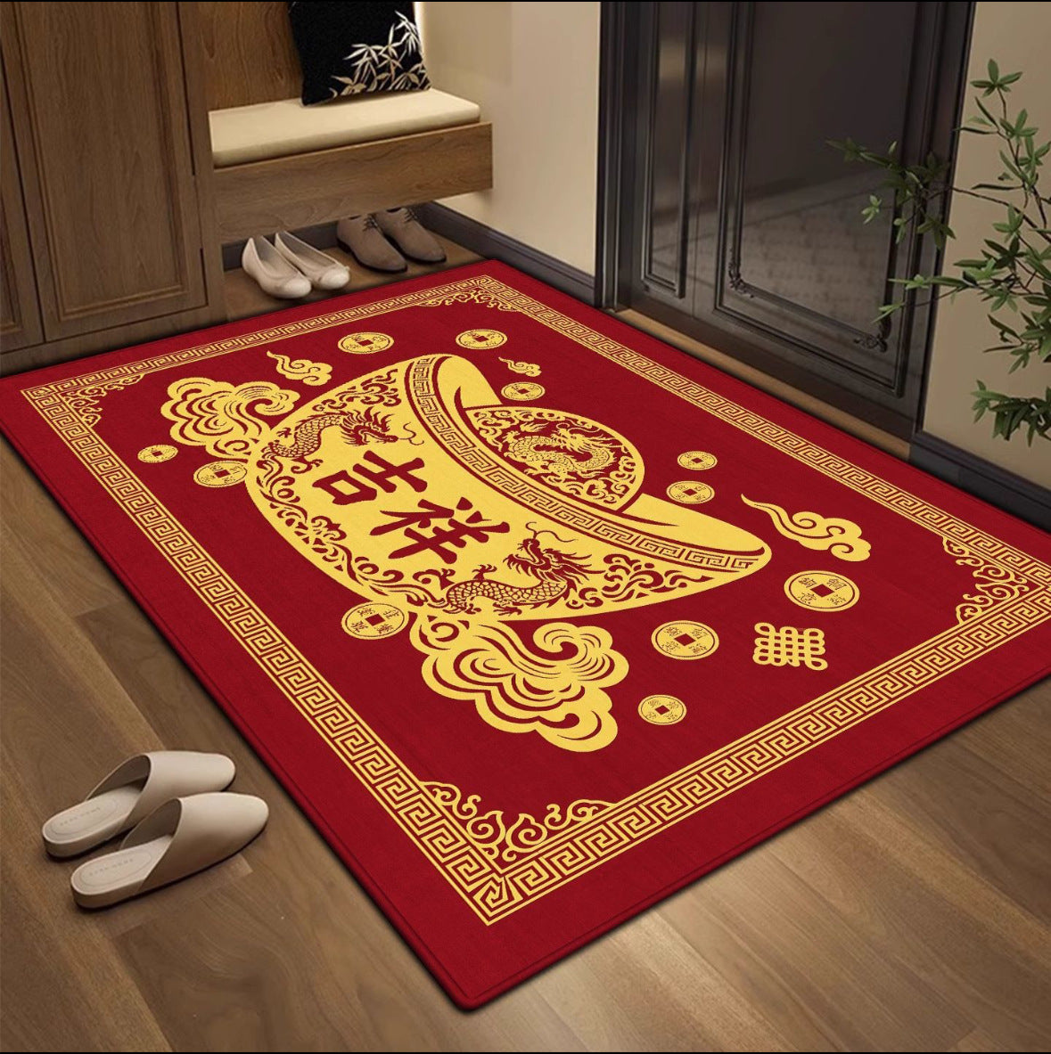 New Chinese Style Yellow Doormat, Wealth Attracting Feng Shui Floor Mat, Non-slip Entryway Rug for Front Door & Hallway Home Decor