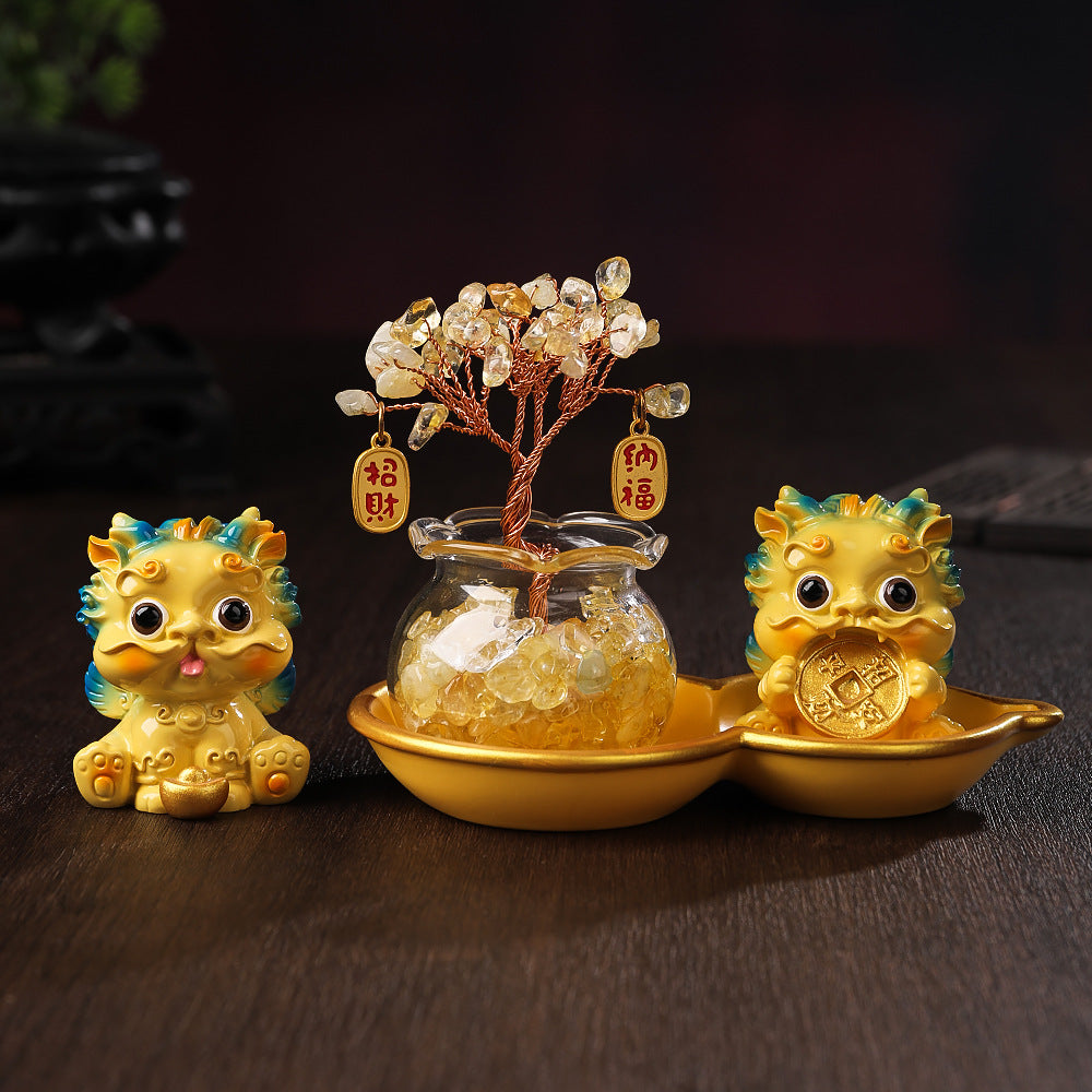 Crystal Tree & Pi Xiu Ornament Set with Wu Lou Gourd Base, Mini Money Tree Prosperity Decor, Cultural Creative Desktop Ornament for Home Office Good Fortune
