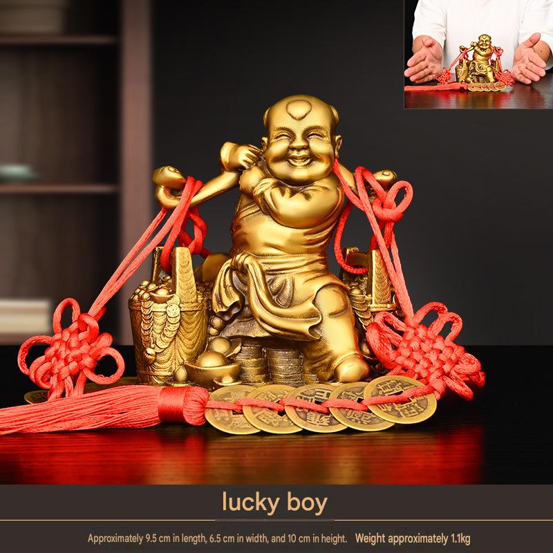 Pure Copper Wealth Bringing Boy Statue, Feng Shui Lucky God of Fortune Figurine, Craft Ornament for Home, Office Desktop & Shop Decor
