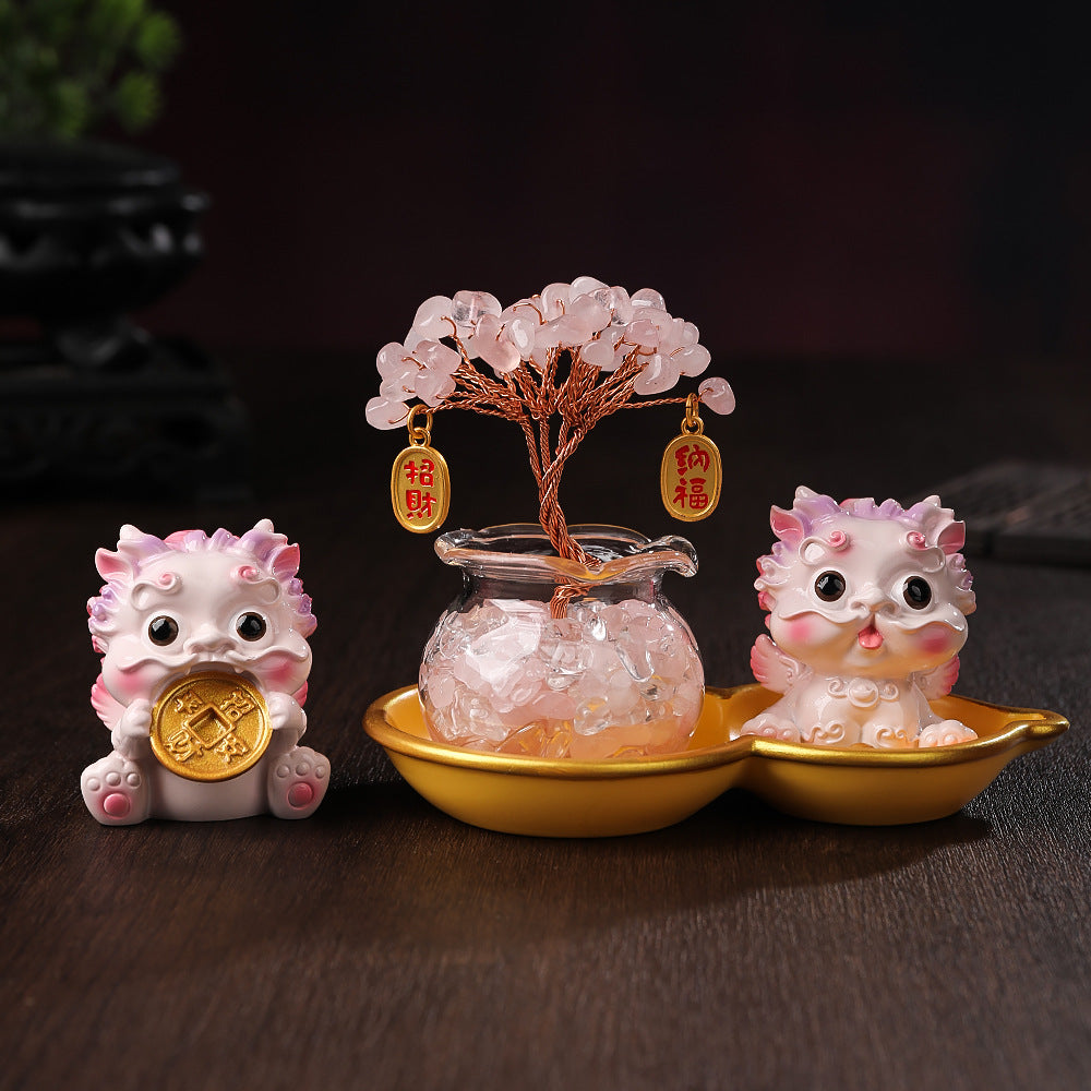 Crystal Tree & Pi Xiu Ornament Set with Wu Lou Gourd Base, Mini Money Tree Prosperity Decor, Cultural Creative Desktop Ornament for Home Office Good Fortune