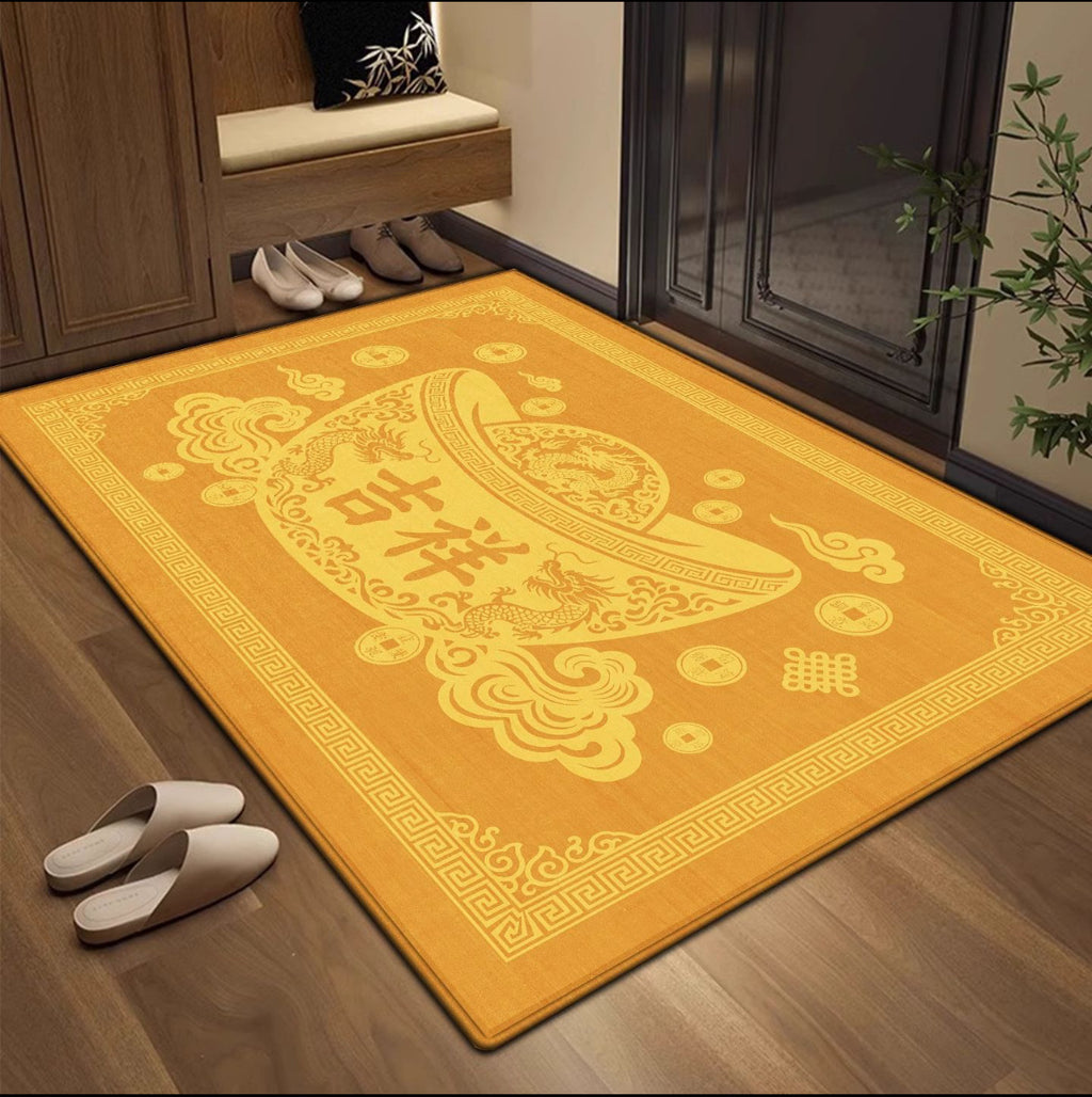 New Chinese Style Yellow Doormat, Wealth Attracting Feng Shui Floor Mat, Non-slip Entryway Rug for Front Door & Hallway Home Decor