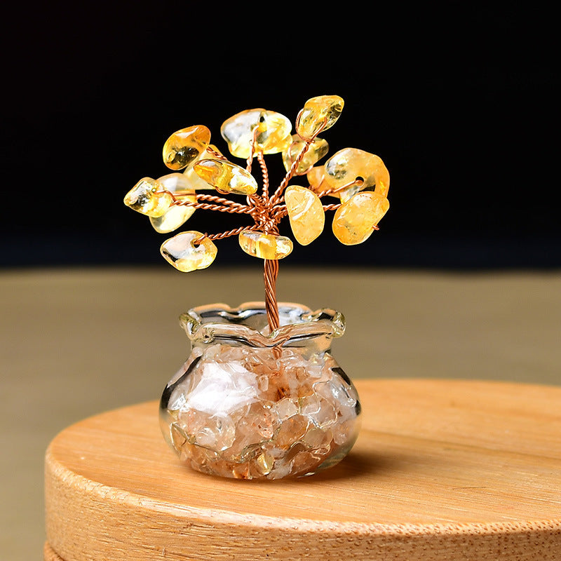 Premium Natural Crystal Tree Ornament, Raw Crystal & Crushed Chips Money Tree in Mini Aquarium, Unique Crystal Energy Desktop Gift