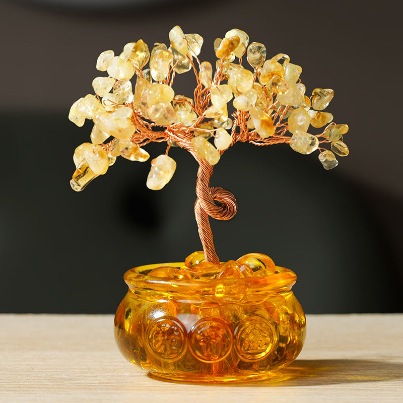 Natural Citrine Money Tree Glass Ingot Treasure Bowl Crystal Tree Desktop Ornament