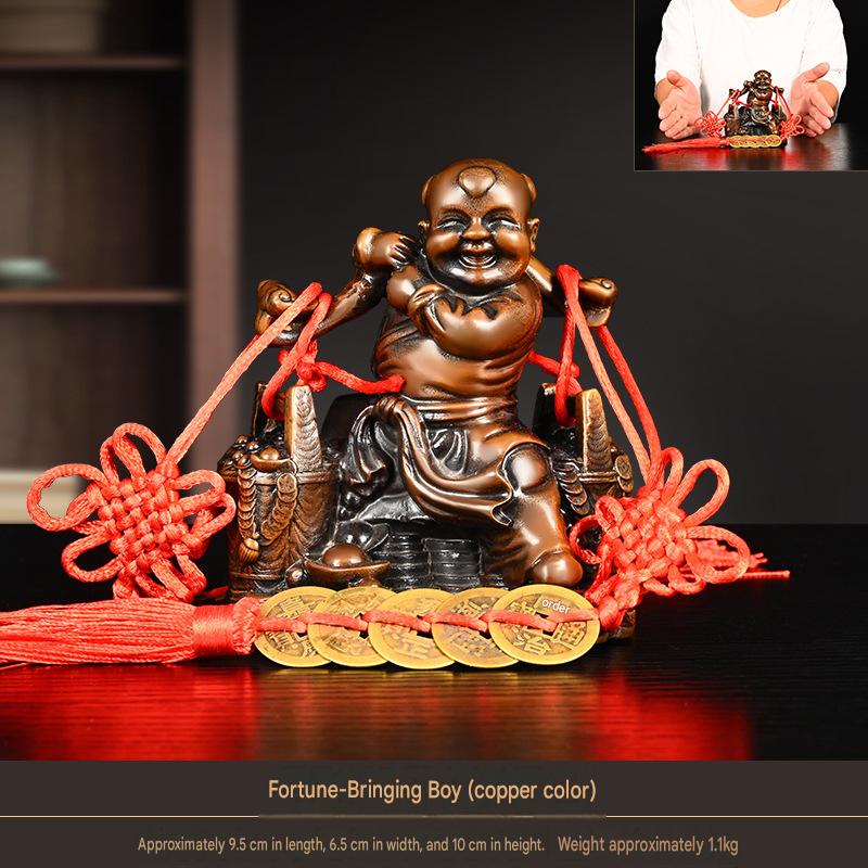 Pure Copper Wealth Bringing Boy Statue, Feng Shui Lucky God of Fortune Figurine, Craft Ornament for Home, Office Desktop & Shop Decor