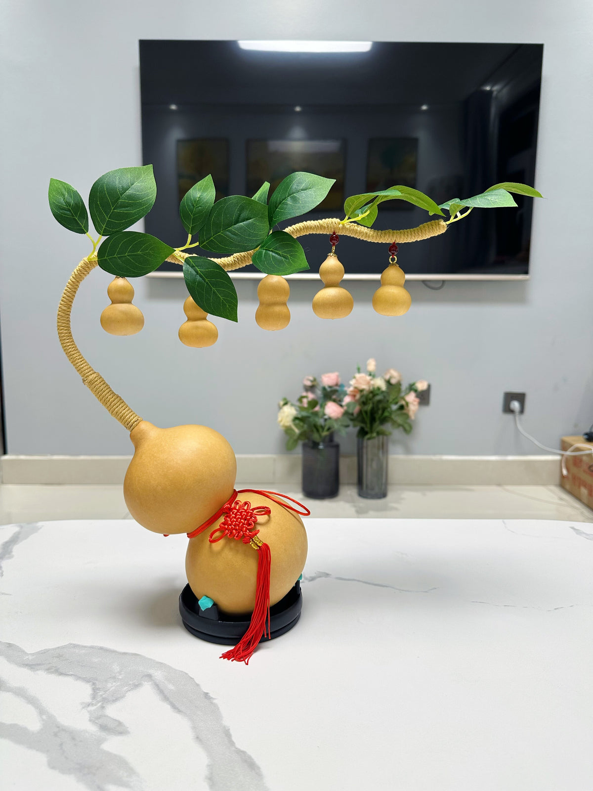 Natural Real Wu Lou Gourd Hand-Woven Money Tree Ornament, Handcrafted Prosperity Decor for Living Room Dining Room, Housewarming Business Opening Home Gift