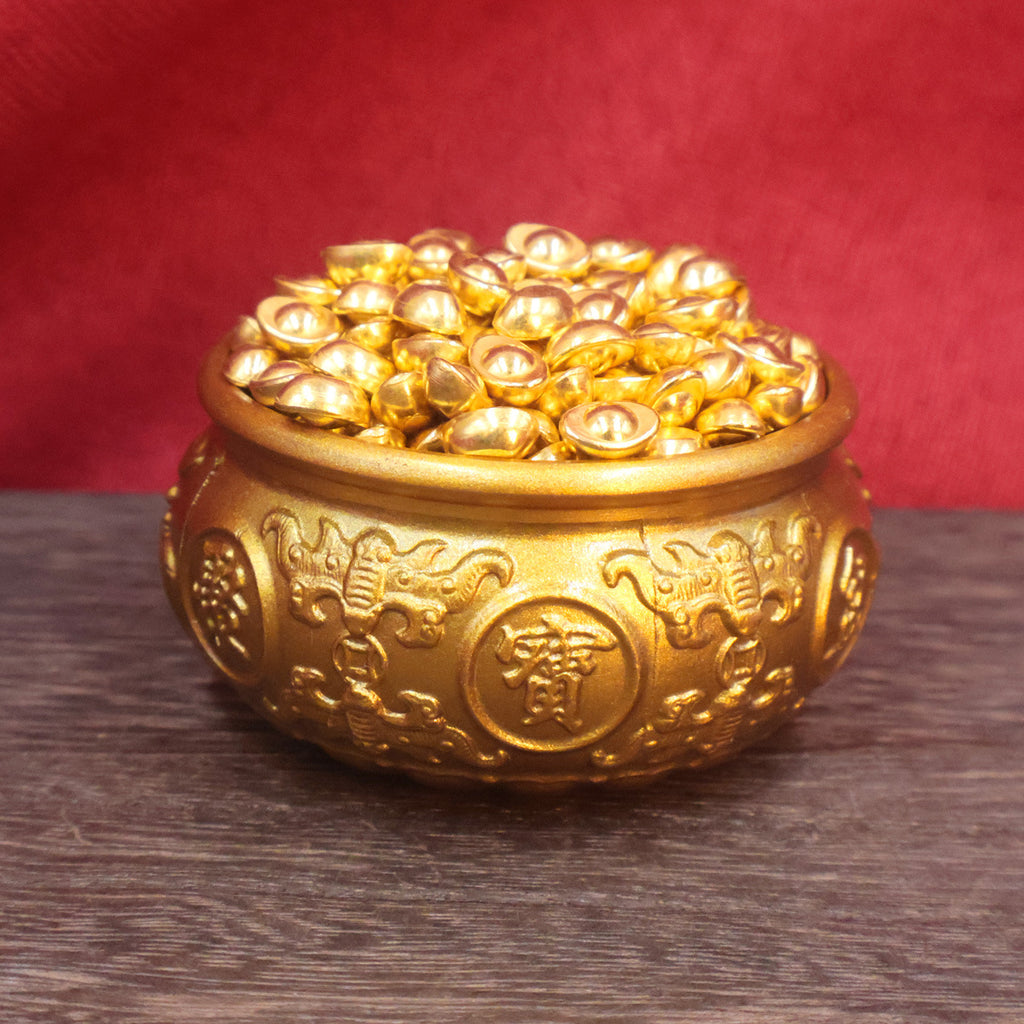 Brass Double Fish Treasure Basin Ornament, Eight Blessings Feng Shui Wealth Bowl with Gold Ingots, Entryway & Reception Desk Prosperity Decoration, Lucky Home Business Craft Gift