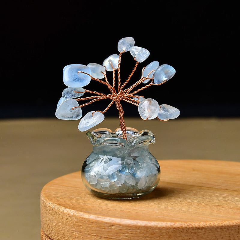 Premium Natural Crystal Tree Ornament, Raw Crystal & Crushed Chips Money Tree in Mini Aquarium, Unique Crystal Energy Desktop Gift
