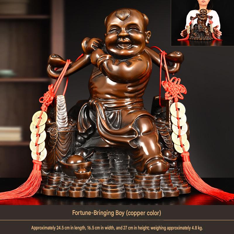 Pure Copper Wealth Bringing Boy Statue, Feng Shui Lucky God of Fortune Figurine, Craft Ornament for Home, Office Desktop & Shop Decor