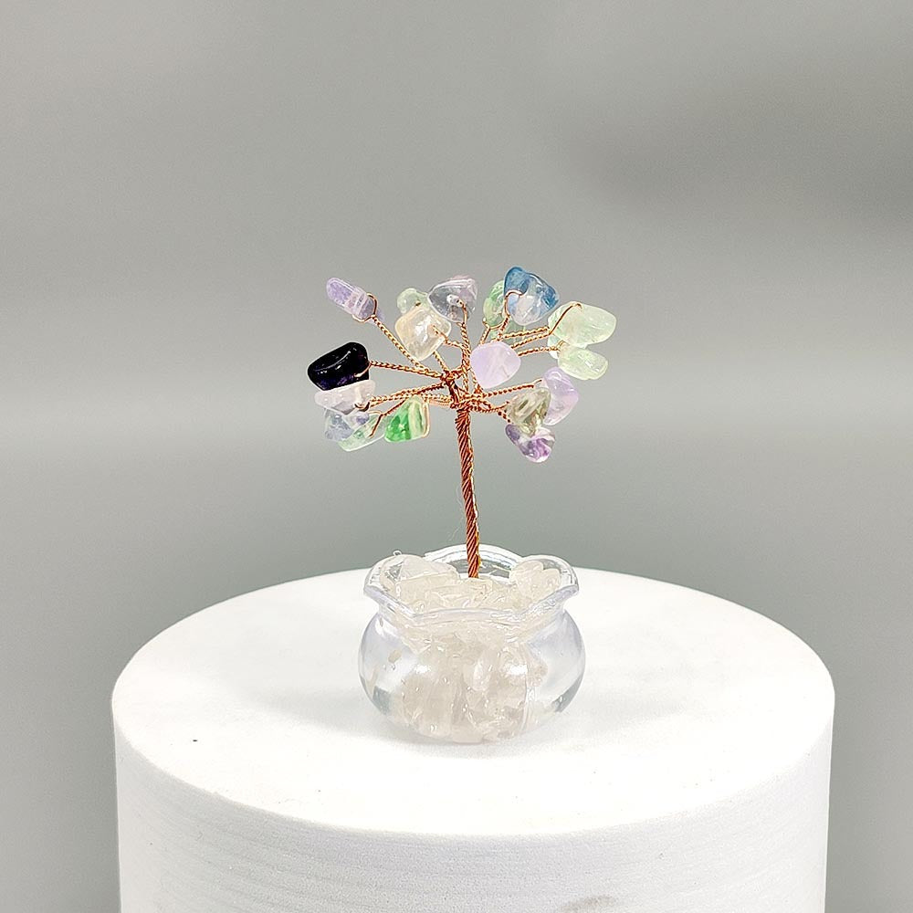 Premium Natural Crystal Tree Ornament, Raw Crystal & Crushed Chips Money Tree in Mini Aquarium, Unique Crystal Energy Desktop Gift