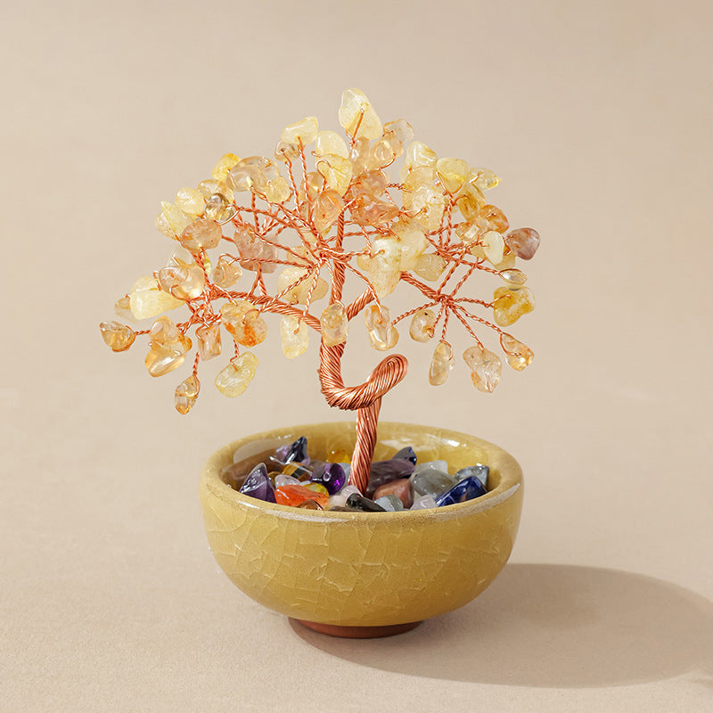 Natural Citrine Money Tree Glass Ingot Treasure Bowl Crystal Tree Desktop Ornament