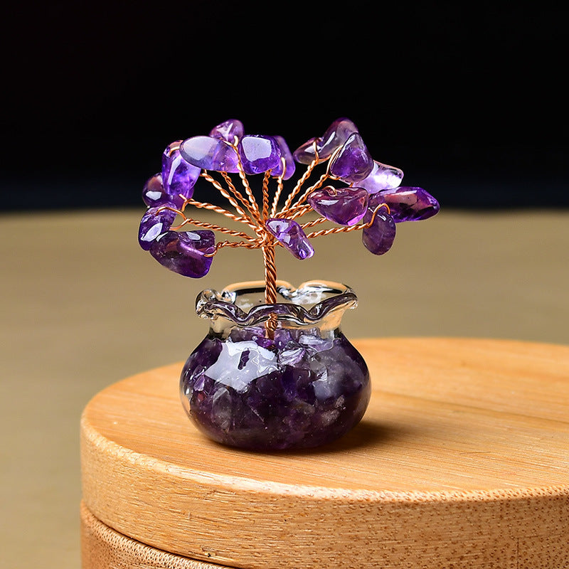 Premium Natural Crystal Tree Ornament, Raw Crystal & Crushed Chips Money Tree in Mini Aquarium, Unique Crystal Energy Desktop Gift