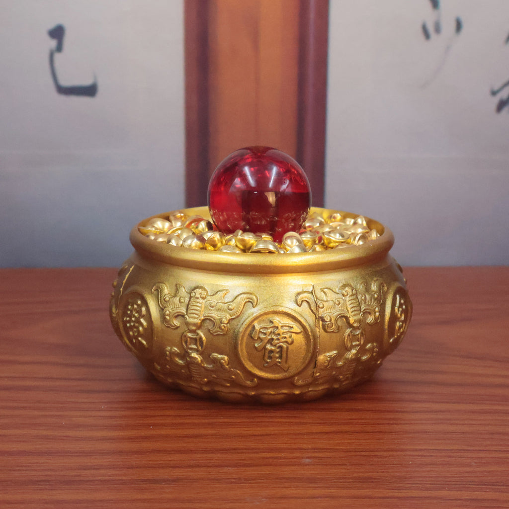 Brass Double Fish Treasure Basin Ornament, Eight Blessings Feng Shui Wealth Bowl with Gold Ingots, Entryway & Reception Desk Prosperity Decoration, Lucky Home Business Craft Gift