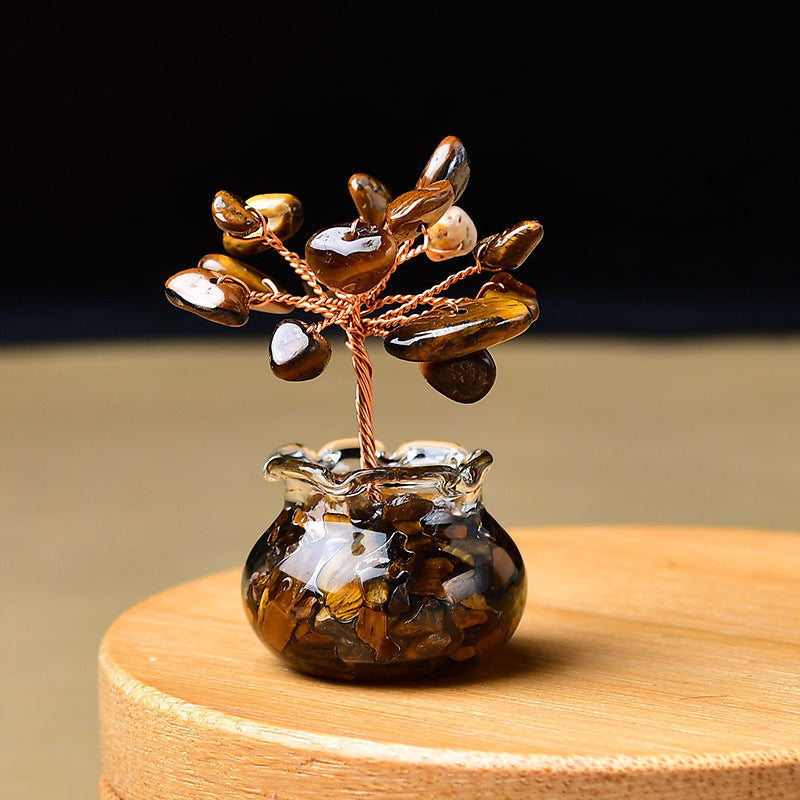 Premium Natural Crystal Tree Ornament, Raw Crystal & Crushed Chips Money Tree in Mini Aquarium, Unique Crystal Energy Desktop Gift