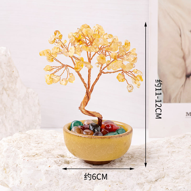 Natural Citrine Money Tree Glass Ingot Treasure Bowl Crystal Tree Desktop Ornament