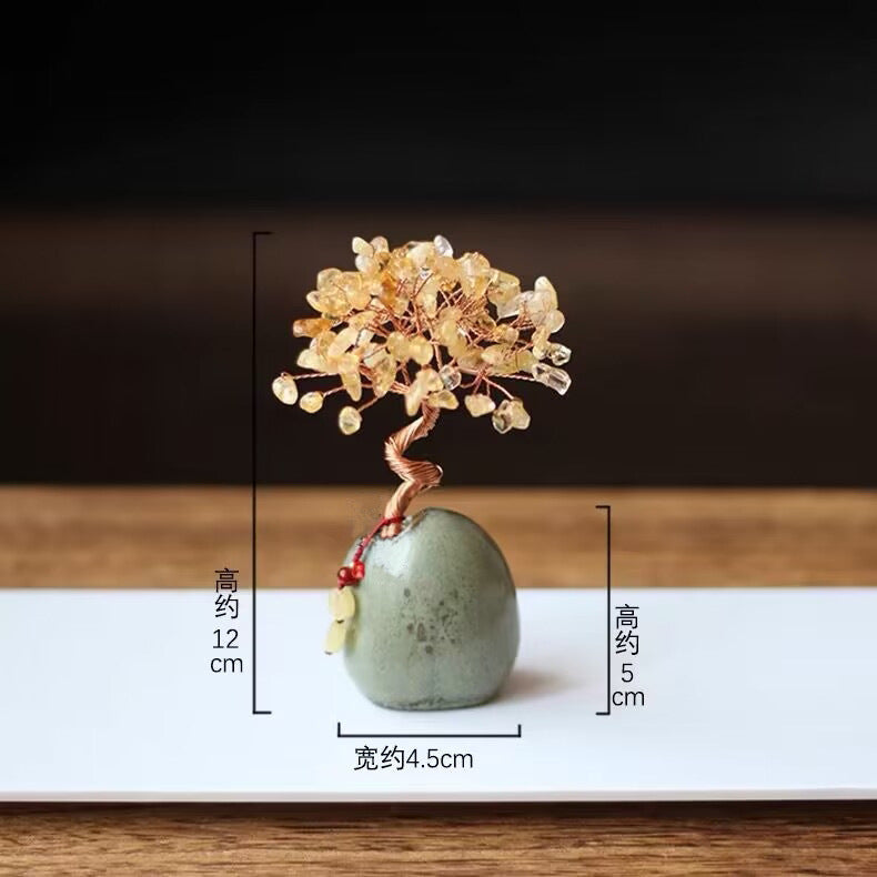 Natural Citrine Money Tree Ornament, Wealth Prosperity Desktop Decor for Home Office Tea Table, Fresh Vintage Style Small Gift Handcrafted Crystal Decoration