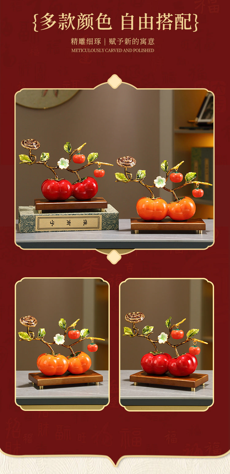 Premium Enamel Porcelain Persimmon Ornament, "Everything Goes Well" Ruyi Ceramic Decor for Living Room TV Wine Cabinet, Housewarming Gift for Boss Executive