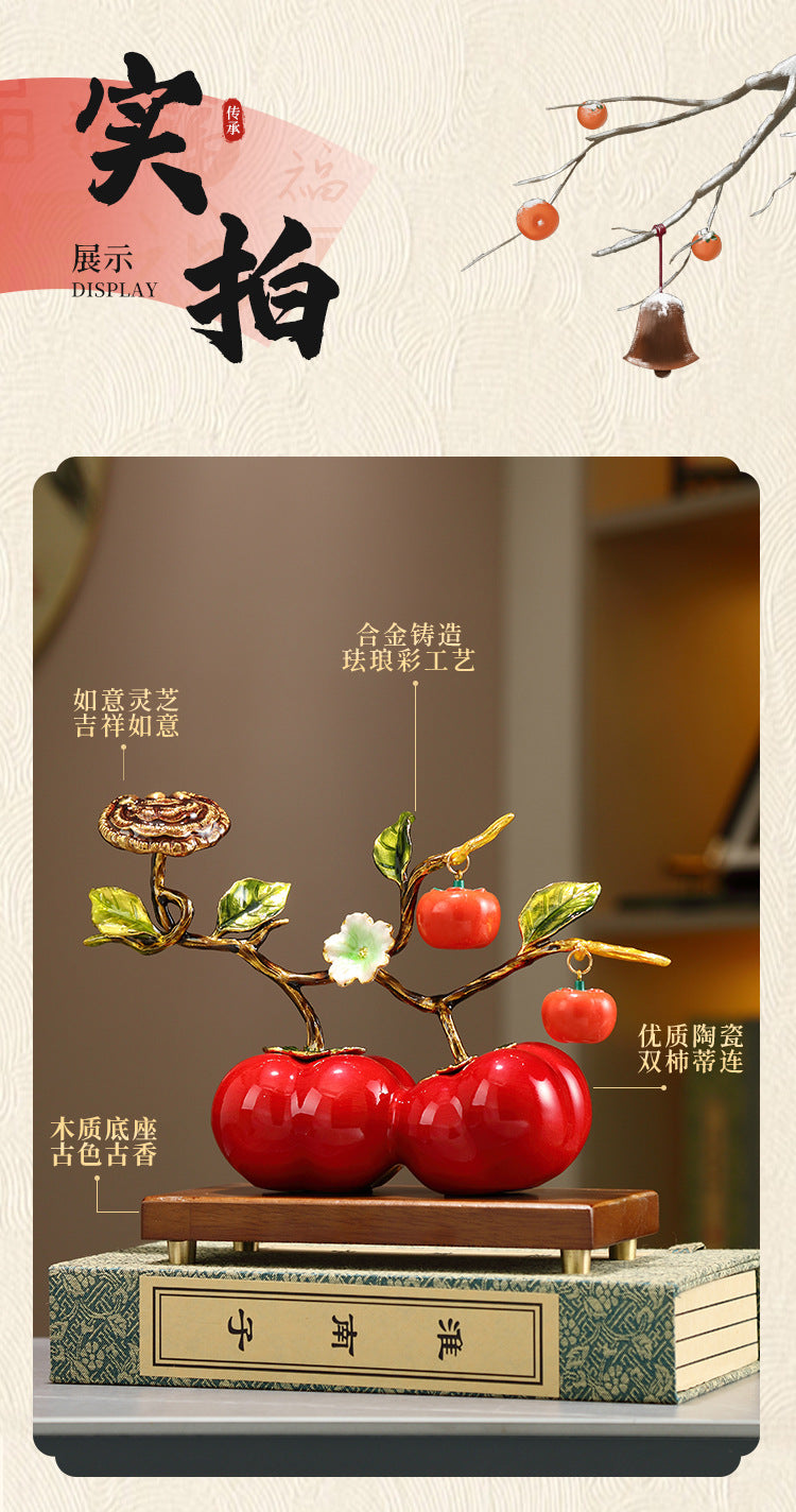 Premium Enamel Porcelain Persimmon Ornament, "Everything Goes Well" Ruyi Ceramic Decor for Living Room TV Wine Cabinet, Housewarming Gift for Boss Executive