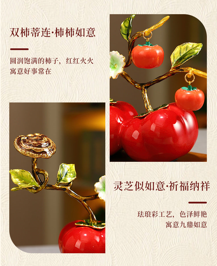 Premium Enamel Porcelain Persimmon Ornament, "Everything Goes Well" Ruyi Ceramic Decor for Living Room TV Wine Cabinet, Housewarming Gift for Boss Executive
