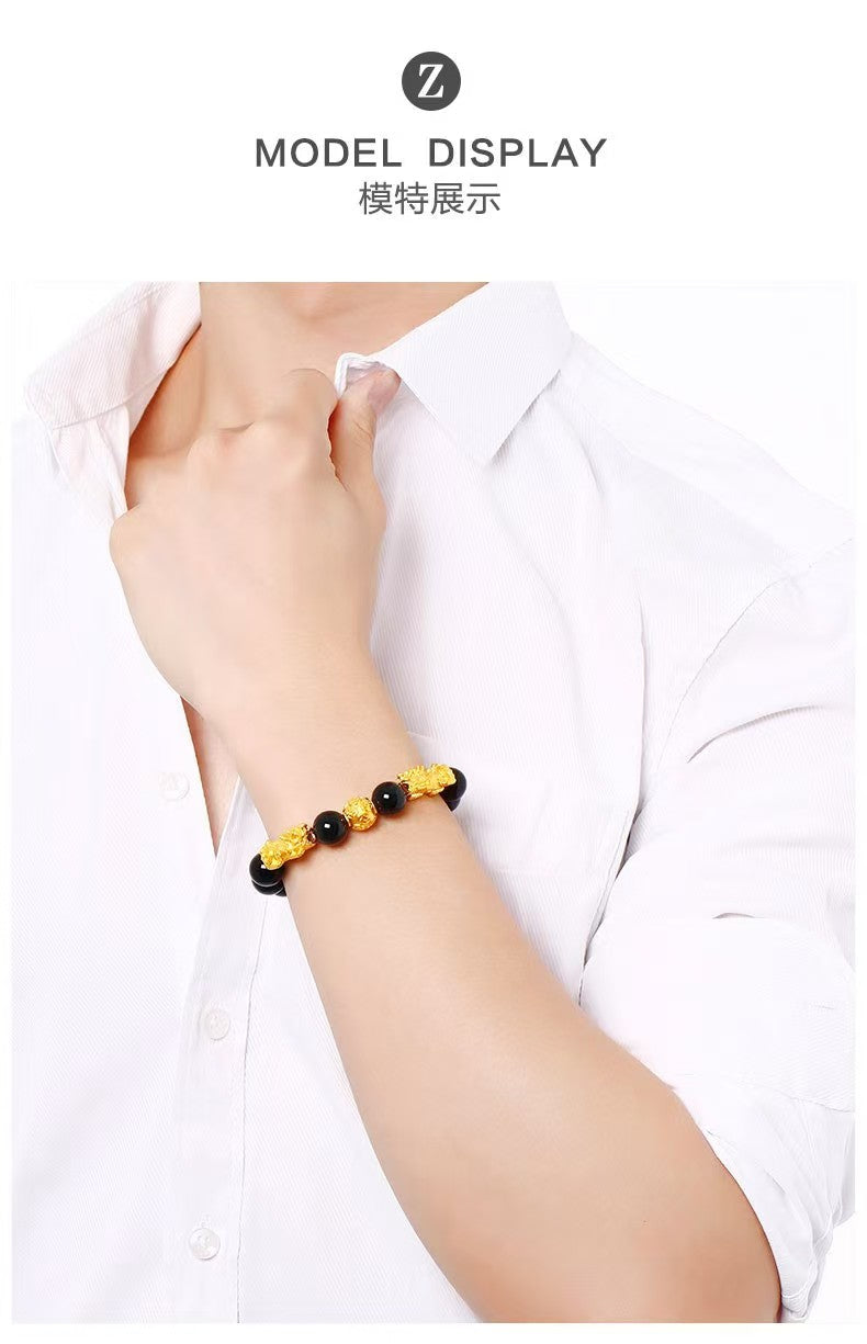 Sand Gold Black Obsidian Pi Xiu Bracelet, Imitation Agate Beaded Mala Bracelet, Minimalist Trendy Couple Feng Shui Prayer Beads Gift for Men Women