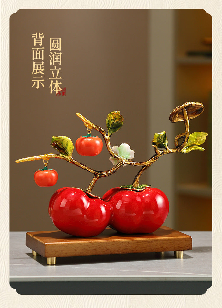 Premium Enamel Porcelain Persimmon Ornament, "Everything Goes Well" Ruyi Ceramic Decor for Living Room TV Wine Cabinet, Housewarming Gift for Boss Executive