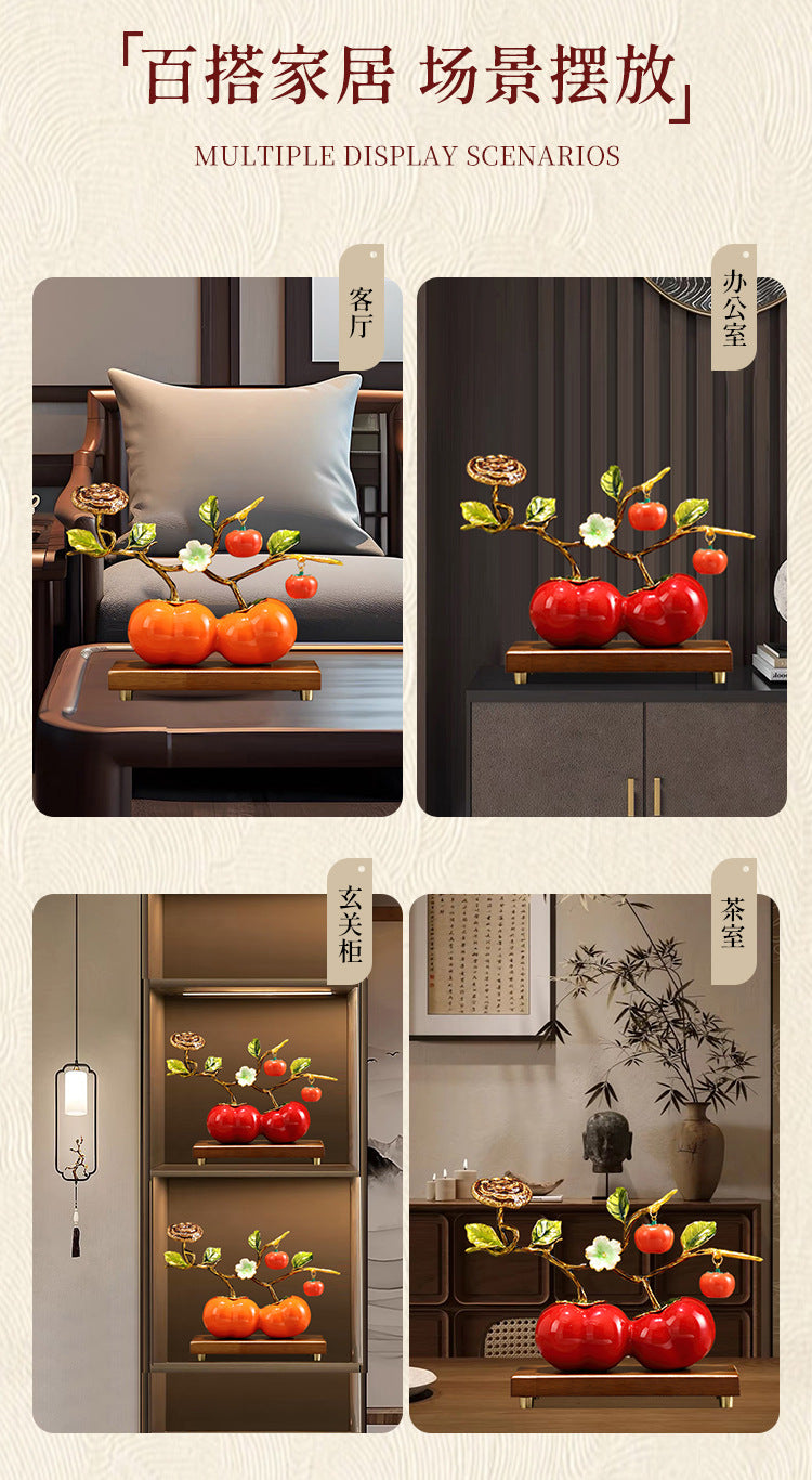 Premium Enamel Porcelain Persimmon Ornament, "Everything Goes Well" Ruyi Ceramic Decor for Living Room TV Wine Cabinet, Housewarming Gift for Boss Executive