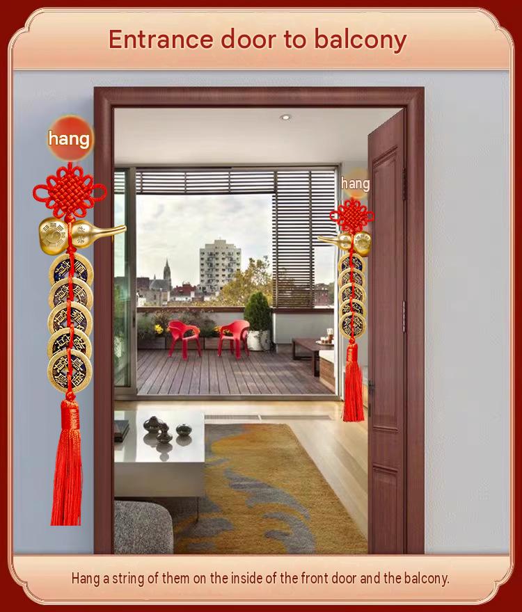 Five Emperor Coins Solid Brass Wu Lou Gourd Pendant, Chinese Knot Fortune & Longevity Hanging Ornament, Door-to-Door Feng Shui Decor for Bedroom Home