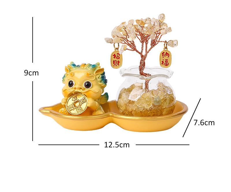 Crystal Tree & Pi Xiu Ornament Set with Wu Lou Gourd Base, Mini Money Tree Prosperity Decor, Cultural Creative Desktop Ornament for Home Office Good Fortune