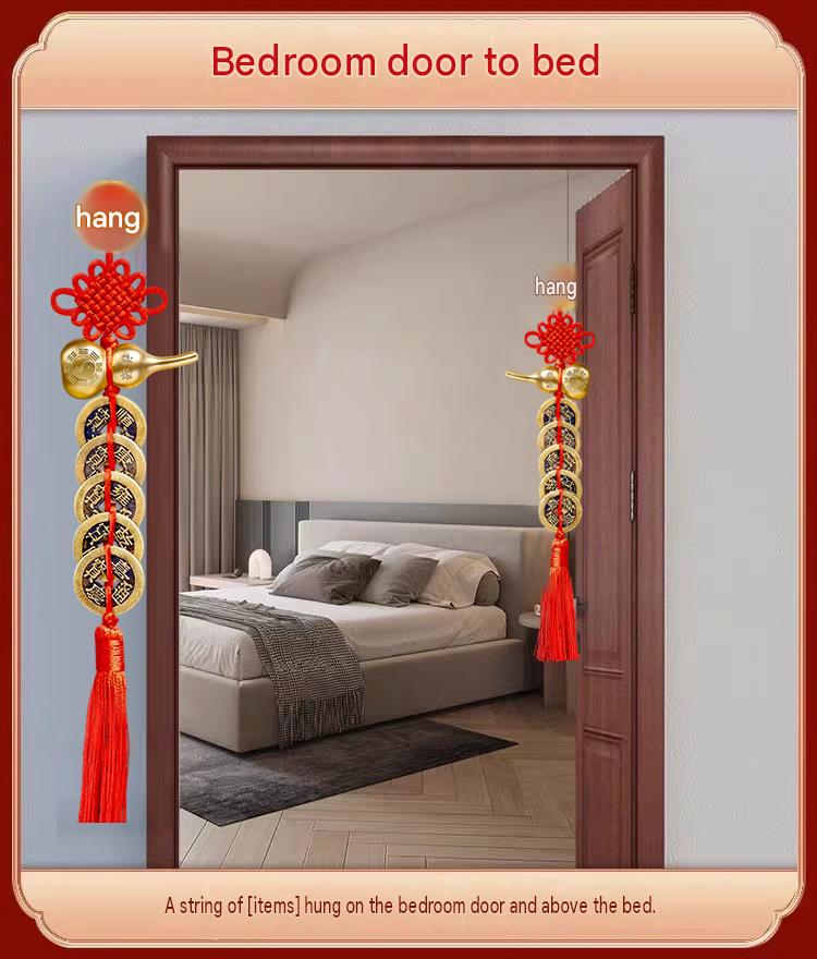 Five Emperor Coins Solid Brass Wu Lou Gourd Pendant, Chinese Knot Fortune & Longevity Hanging Ornament, Door-to-Door Feng Shui Decor for Bedroom Home
